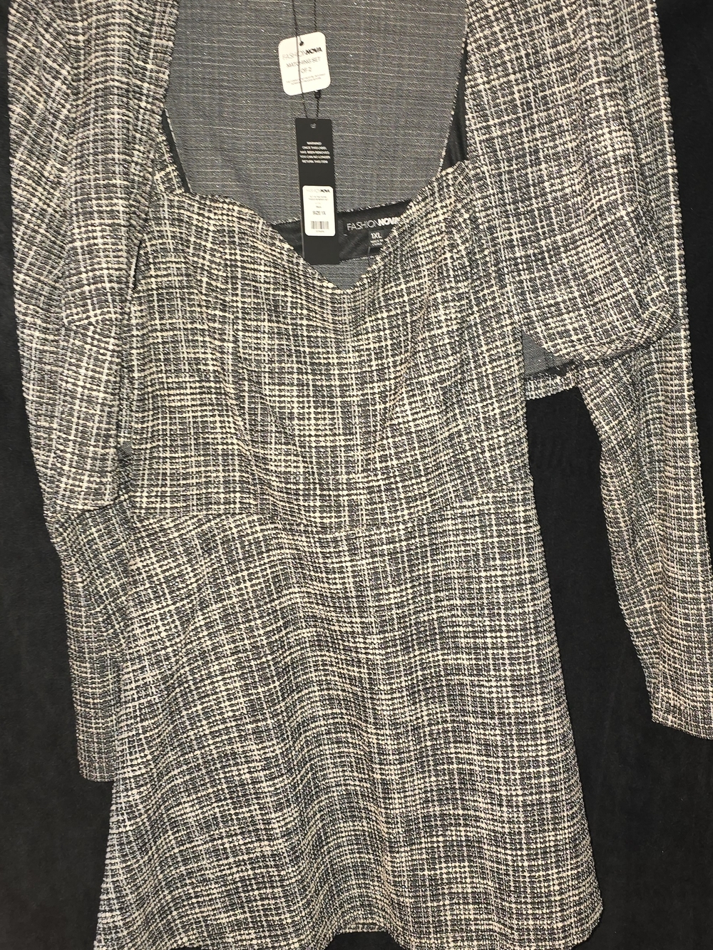 Plaid Square-Neck Long Sleeve Mini Romper